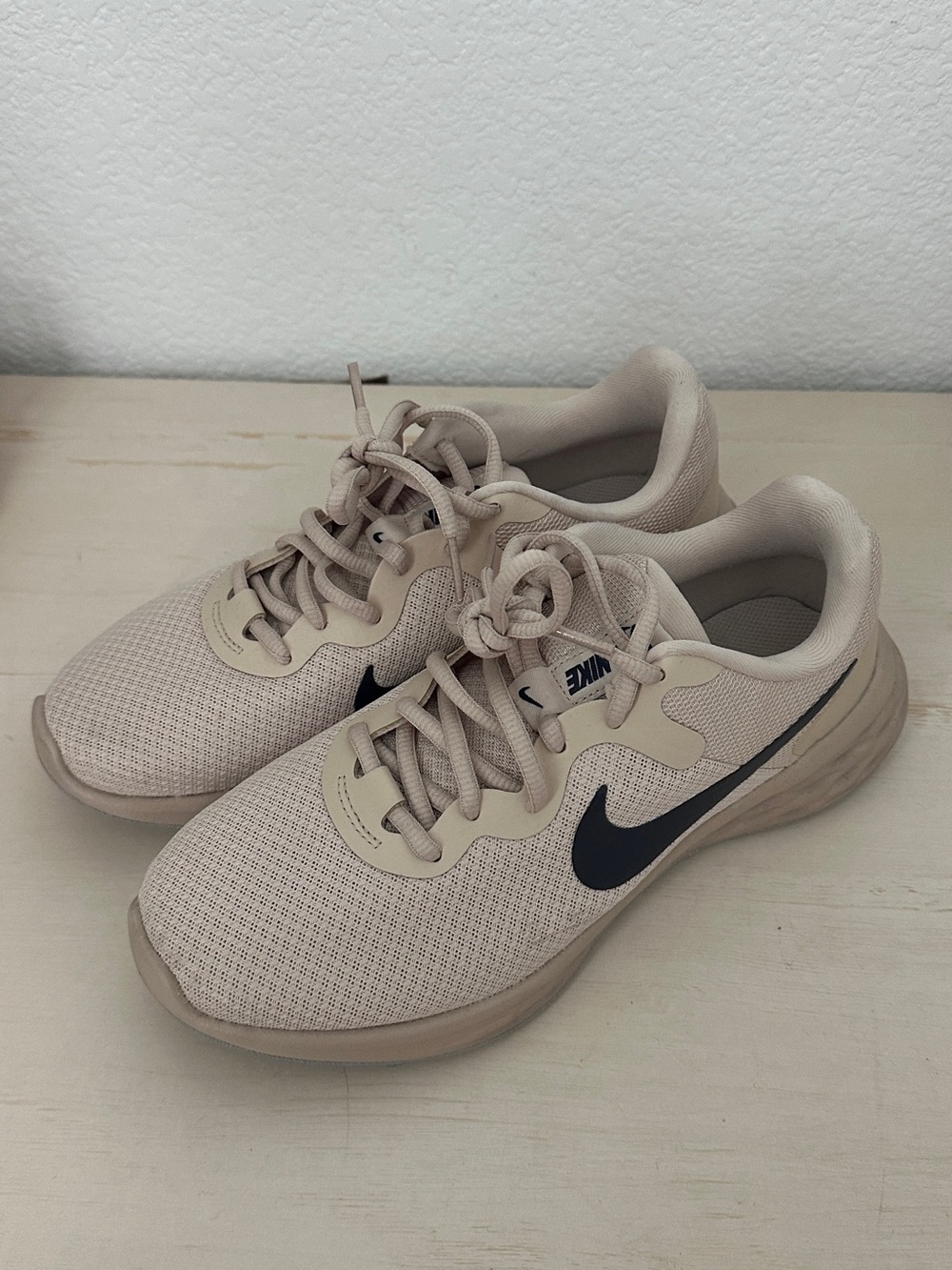 Nike Men's 7 or Women’s 8.5 Athletic Sneakers - Light Taupe with Black Swoosh
